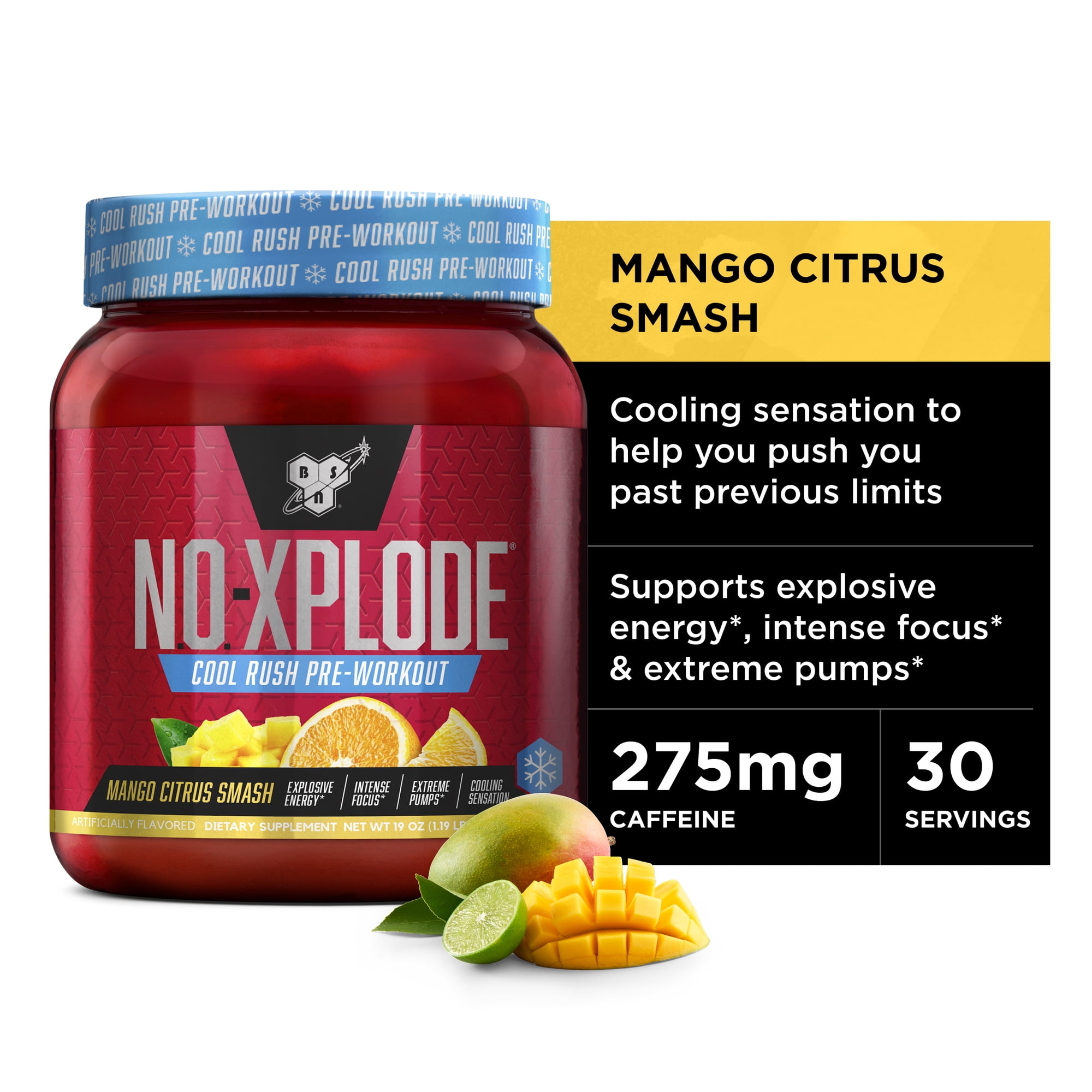 BSN N.O.-XPLODE Cool Rush Pre Workout Powder, Preworkout Energy Supplement for Men and Women with Creatine and Beta-Alanine, New Flavor: Mango Citrus Smash, 30 Servings