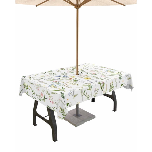 Boanket Outdoor Tablecloth with Umbrella Hole for Patio/Picnic/Party/Camping, Green Flower Leaf Waterproof Table Cloth Rectangle Table Cover Washable, Vintage Botanical Plant Watercolor (60"x 102")
