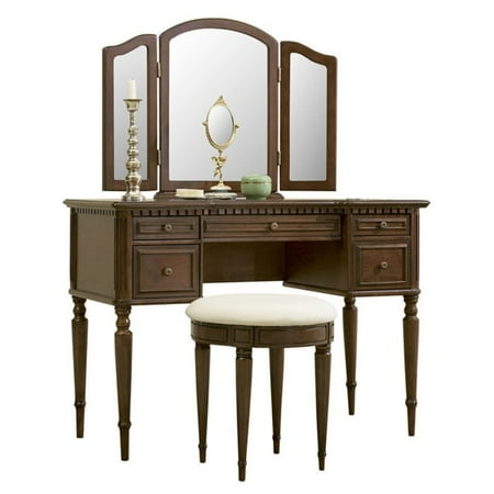 Foremost Cherry Vanity - Powell 3-Piece Vanity, Mirror and Bench Set, Cherry