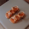 thumbnail image 5 of GiLiling Girls Open-Toe Sandals, Floral Embroidery Adjustable Buckle Ankle Strap, PU Upper Non-Slip TPR Flat Sole, Summer Casual Sandals (Brown, 10-10.5 Years), 5 of 9