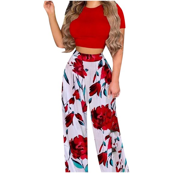 Summer Two Piece Outfits for Women Short Sleeve Slimming Crop Tops Floral/Solid High Waisted Wide Leg Pants Trendy Sets