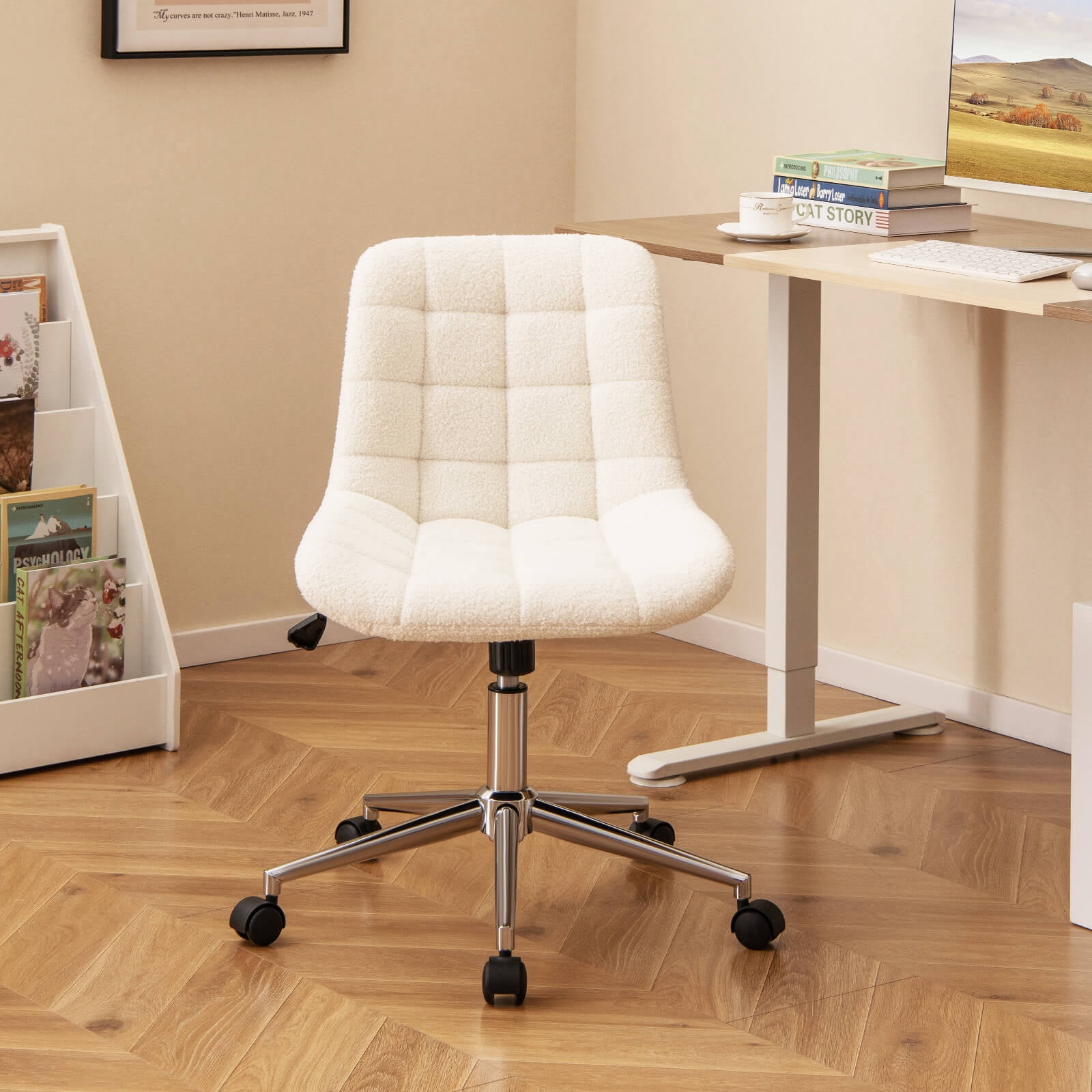 Costway Upholstered Armless Office Chair with Adjustable Height & Wheels for Small Spaces White