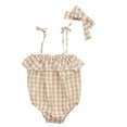 thumbnail image 3 of Bébé Filles Romper, Modèle à Carreaux Sans Manches Sangles de Fronde Lotus Feuille Conception Bouton Fermeture Combinaison avec Bande de Cheveux Arc, 3 of 4