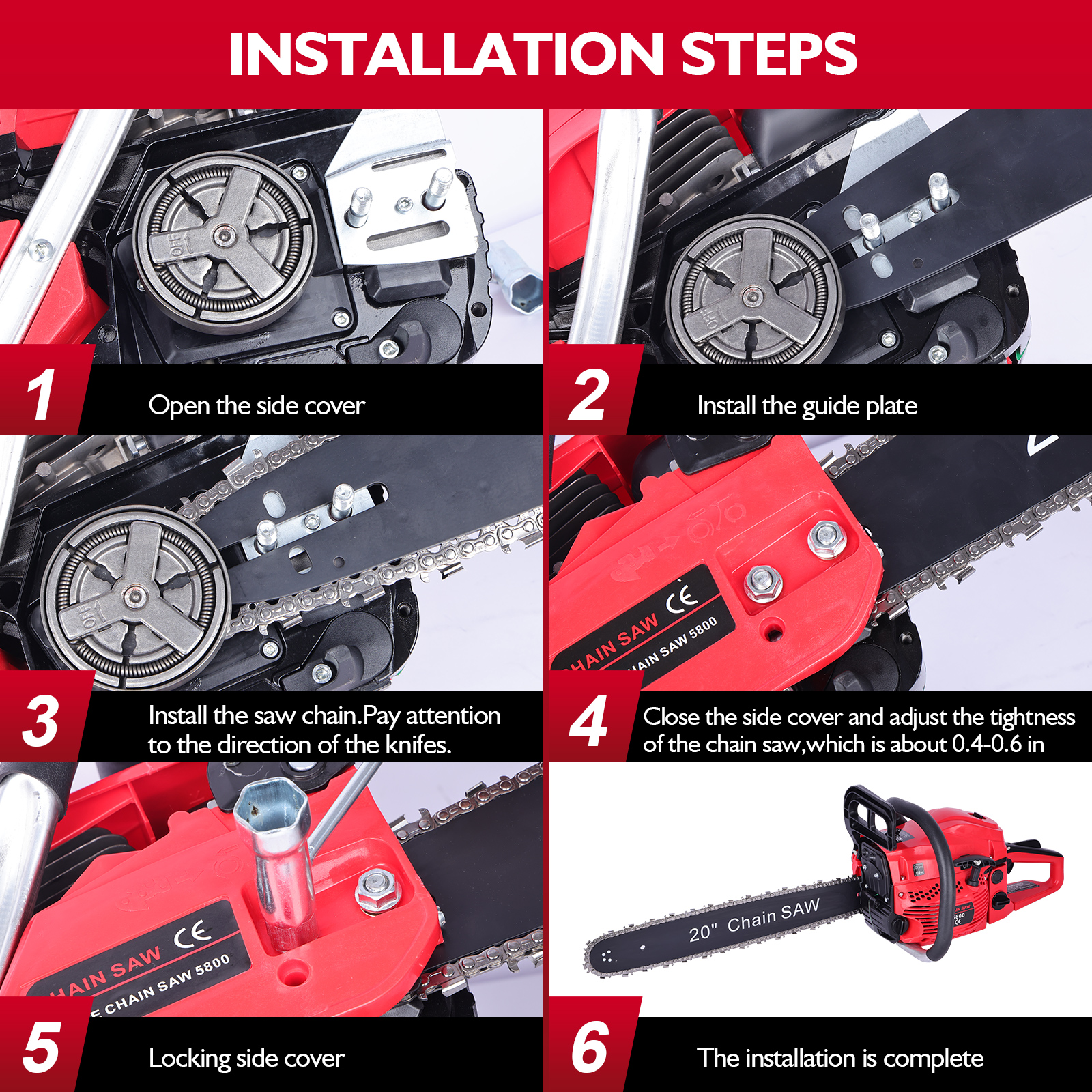 Two-Stroke 58CC Chain Saw, 20 Inches, 2200W, Chain Saw Set, Complete Accessories Ready For Use, Two-Hole Heat Dissipation, Soft Leather Handle, Safety Brake, Efficient Felling Saw