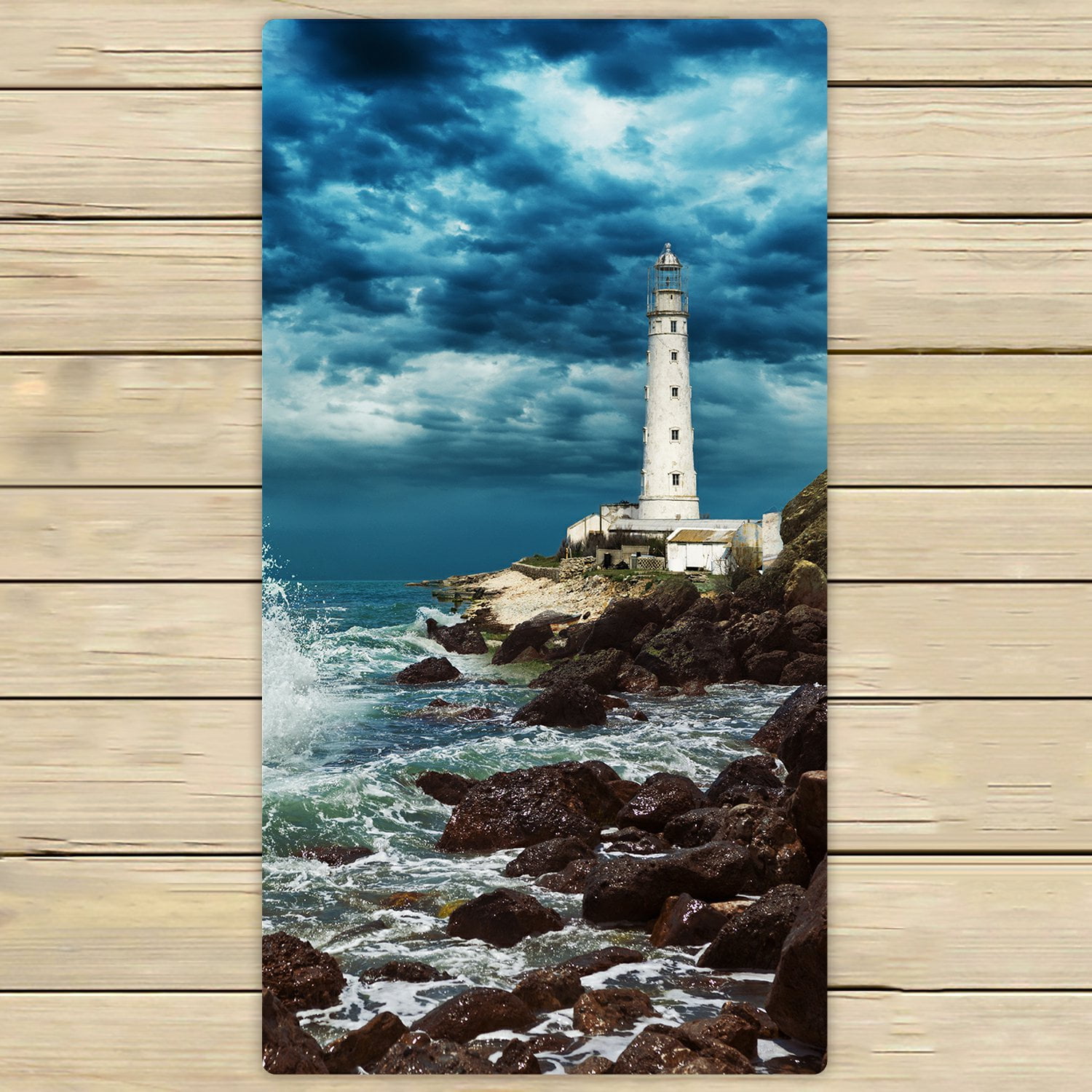PHFZK Nautical Beach Towel, Lighthouse Ocean Wave Rocky Beautiful Scene