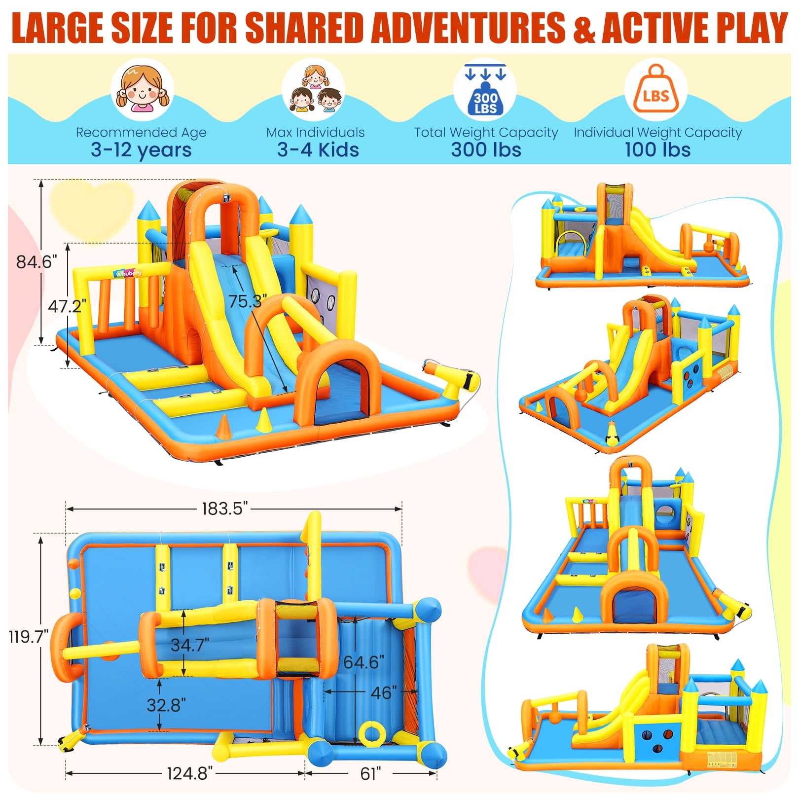 Veeboto Bounce House with 550W Blower, Inflatable Water Slide with Bounce Area, Slide, Pool, Basketball Hoop, Obstacle Poles, Ball Net, Water Cannon, Indoor & Outdoor Bounce Castle for Ages 3-12