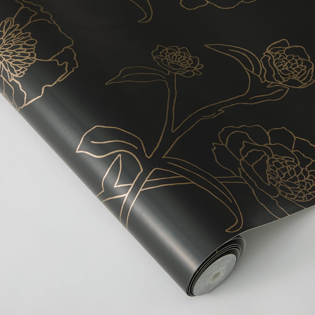 Tempaper Black & Metallic Gold Peonies Peel and Stick Wallpaper, 20.5" x 16.5'