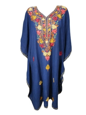 Mogul Blue Floral Short Caftan Embellished Bikini Cover Up Resort Style Tunic Dress Kaftan One Size