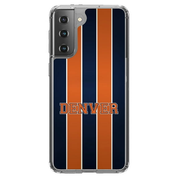 DistinctInk Clear Shockproof Hybrid Case for Galaxy S21  PLUS 5G (6.7" Screen) - TPU Bumper, Acrylic Back, Tempered Glass Screen Protector - Orange Navy Broncos - Football Team