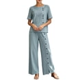 thumbnail image 2 of Jogger Sets for Women 2 Piece Womens Solid Color Casual Vacation Linen Outfit Button Short Sleeve Blouse Wide Leg Pants Set Summer Travel Wear Light Blue XL, 2 of 7