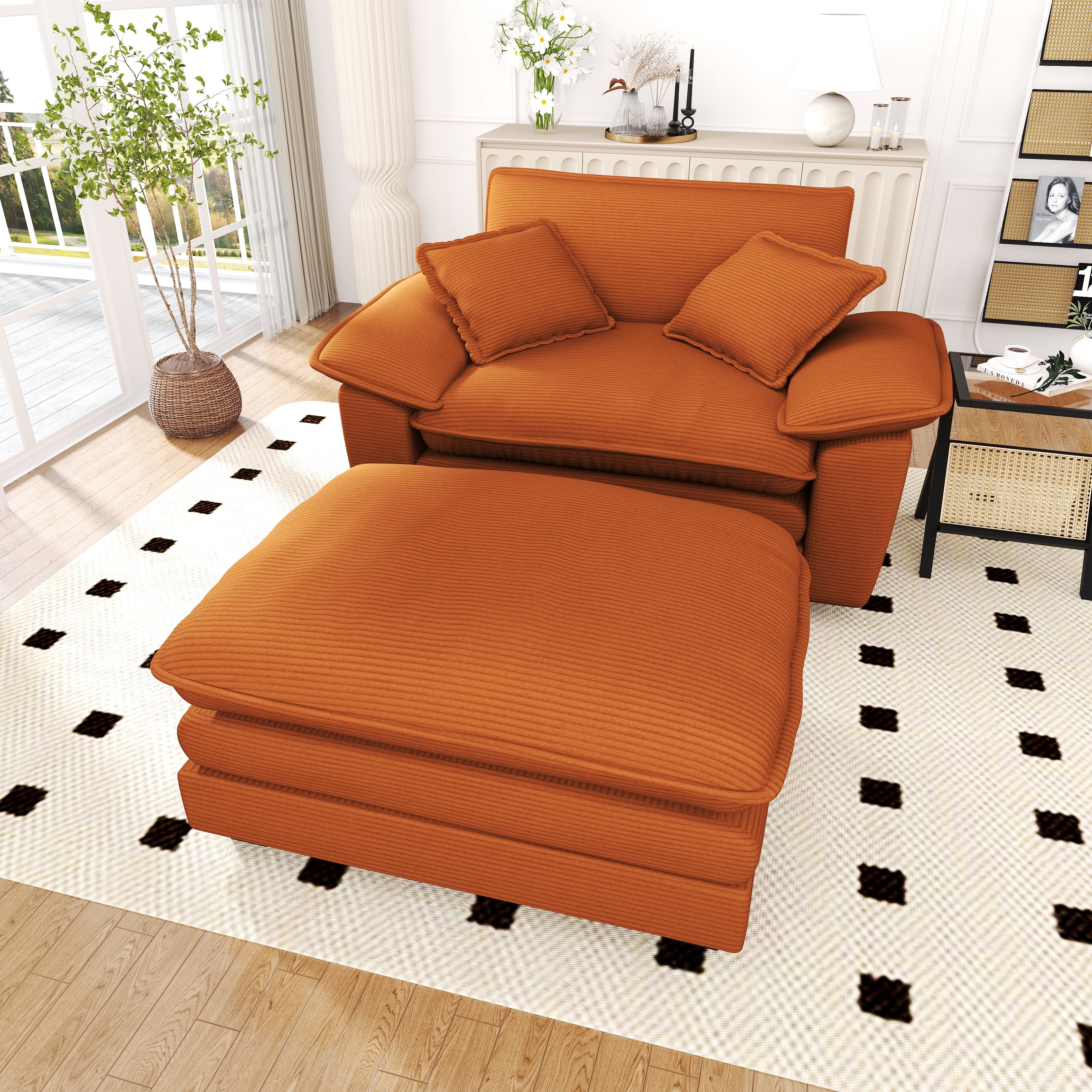 Lunale Oversized Lounge Chair & Ottoman Set - 48" Cloud Corduroy Accent Armchair for Modern Living/Bedroom, Orange Corduroy