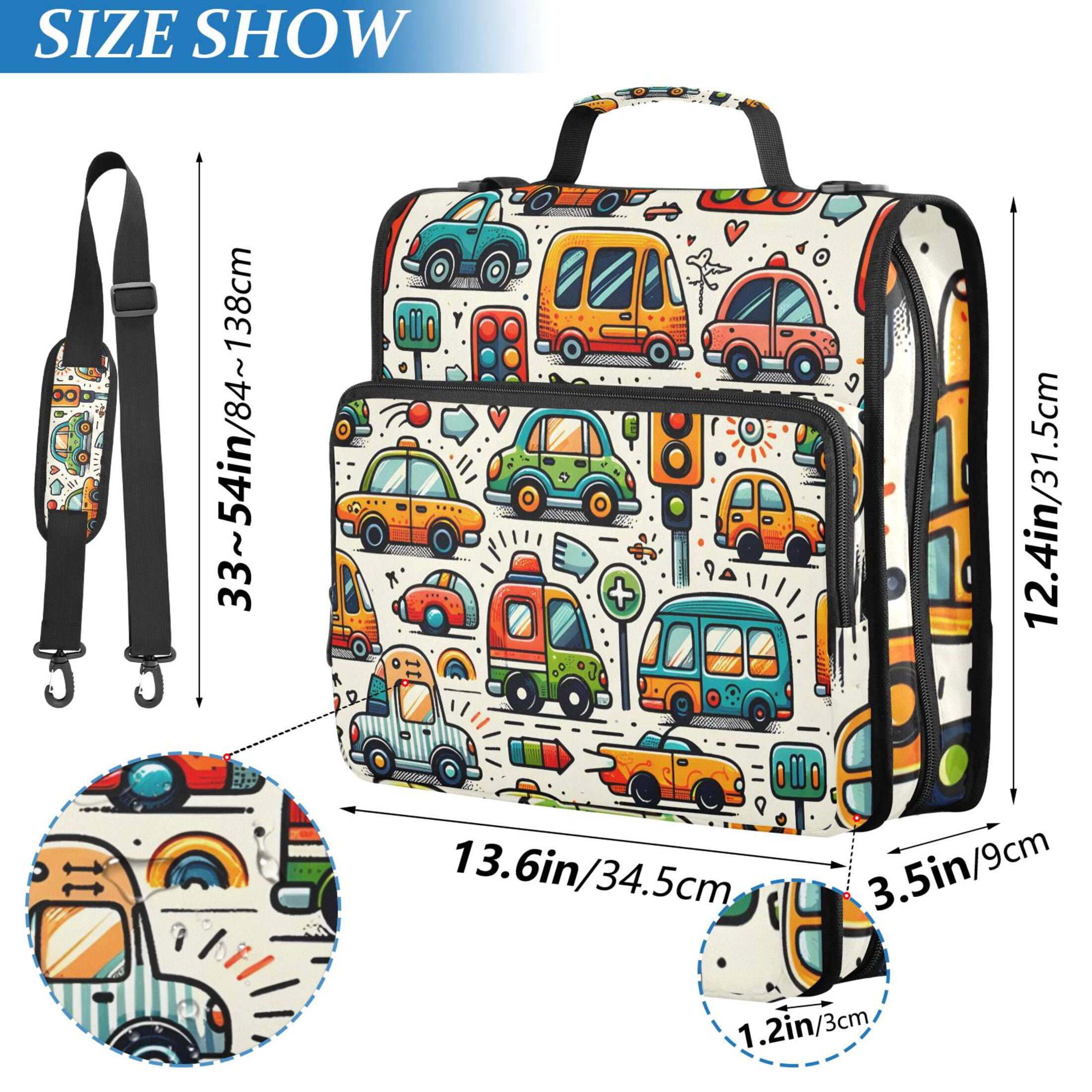 3 Ring Zipper Binder with Shoulder Strap Waterproof Trapper Keeper 2 Inch D-Ring 500 Sheets Capacity Cartoon Cars Indicator Roadsign