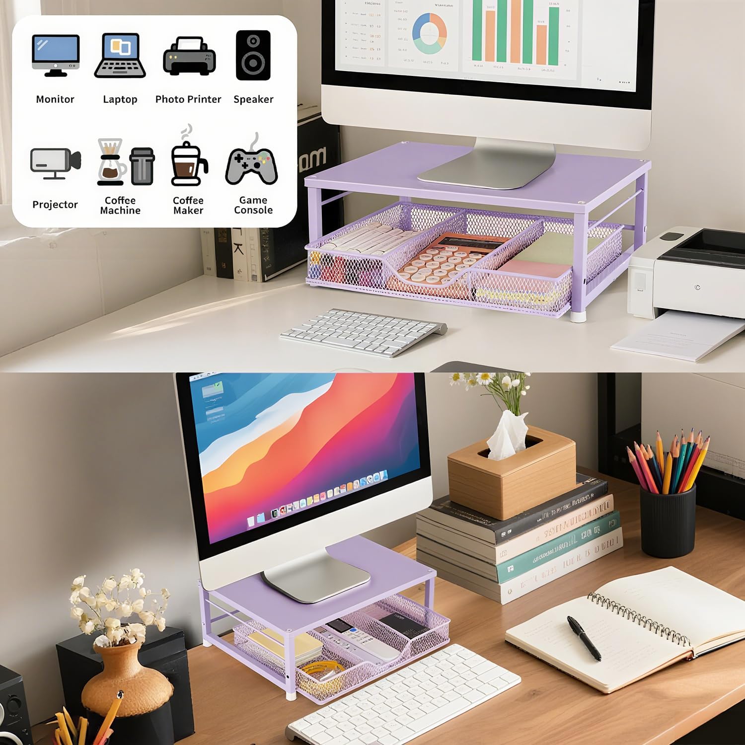 Small Pink Laptop Stand for Desk, Monitor Stand, Office Desk Accessories, Computer Desktop Stand with Drawer for Home, Office, School (Purple)