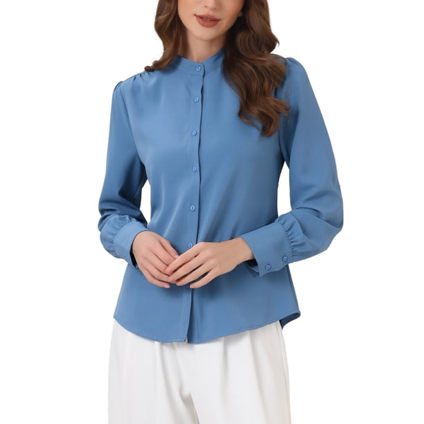 Camisas de manga larga con cuello de pie y botones para mujer Inspire Chic M Azul Polvoriento