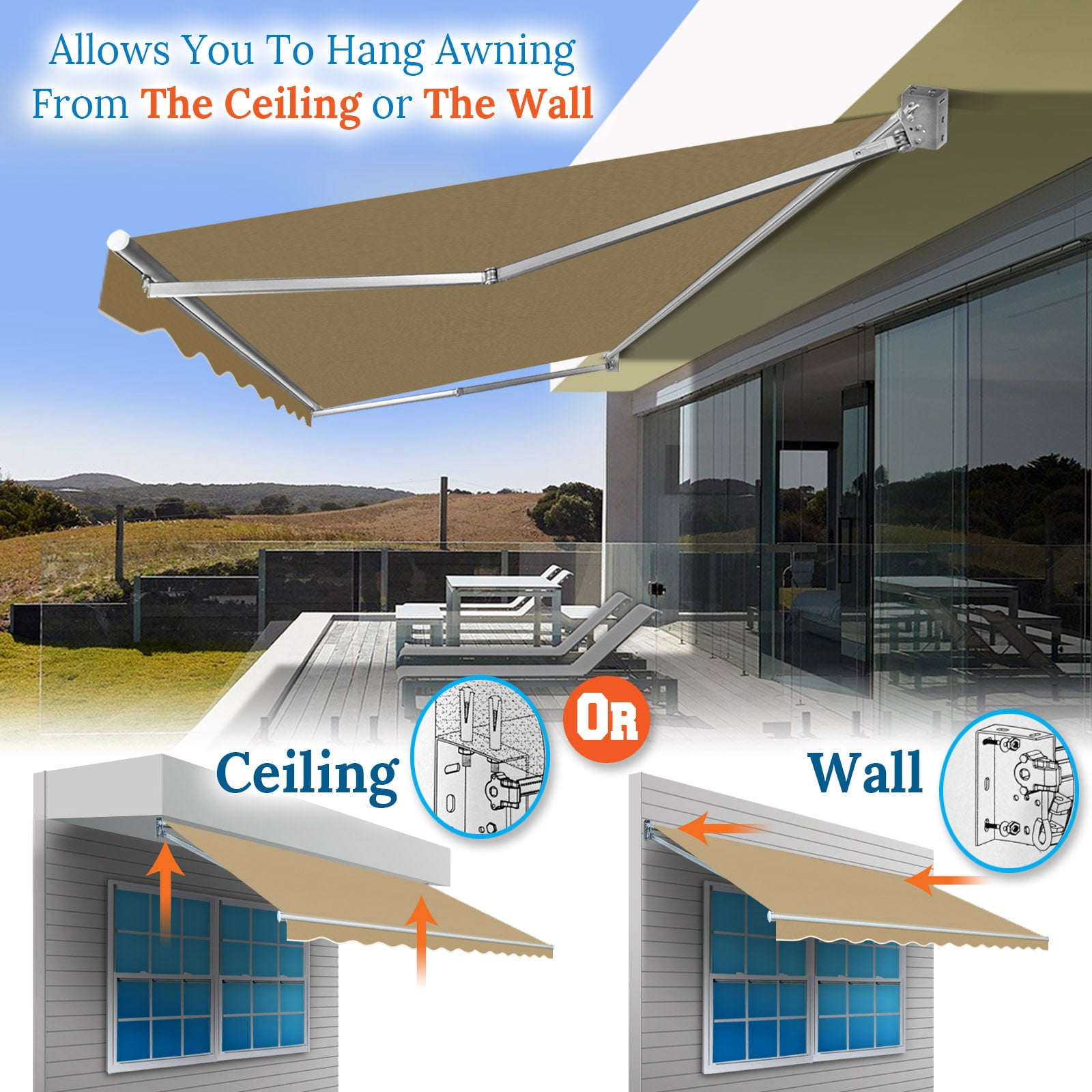 SUNNYOUTDOOR 8x6.5 FT Patio Awning Retractable Outdoor Sun Shade Manual Patio Deck Awning Heavy Duty Awning (Tan)