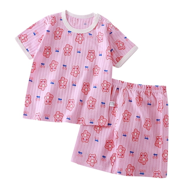 Zwiiyzr 2025 0-6T Garçons Filles Bébé et Tout-Petit Pyjamas Assortis Été T-Shirt à Manches Courtes pour Enfant Col Rond Ensemble de Shorts Coton Deux Pièces Tenues pour Enfants Rose