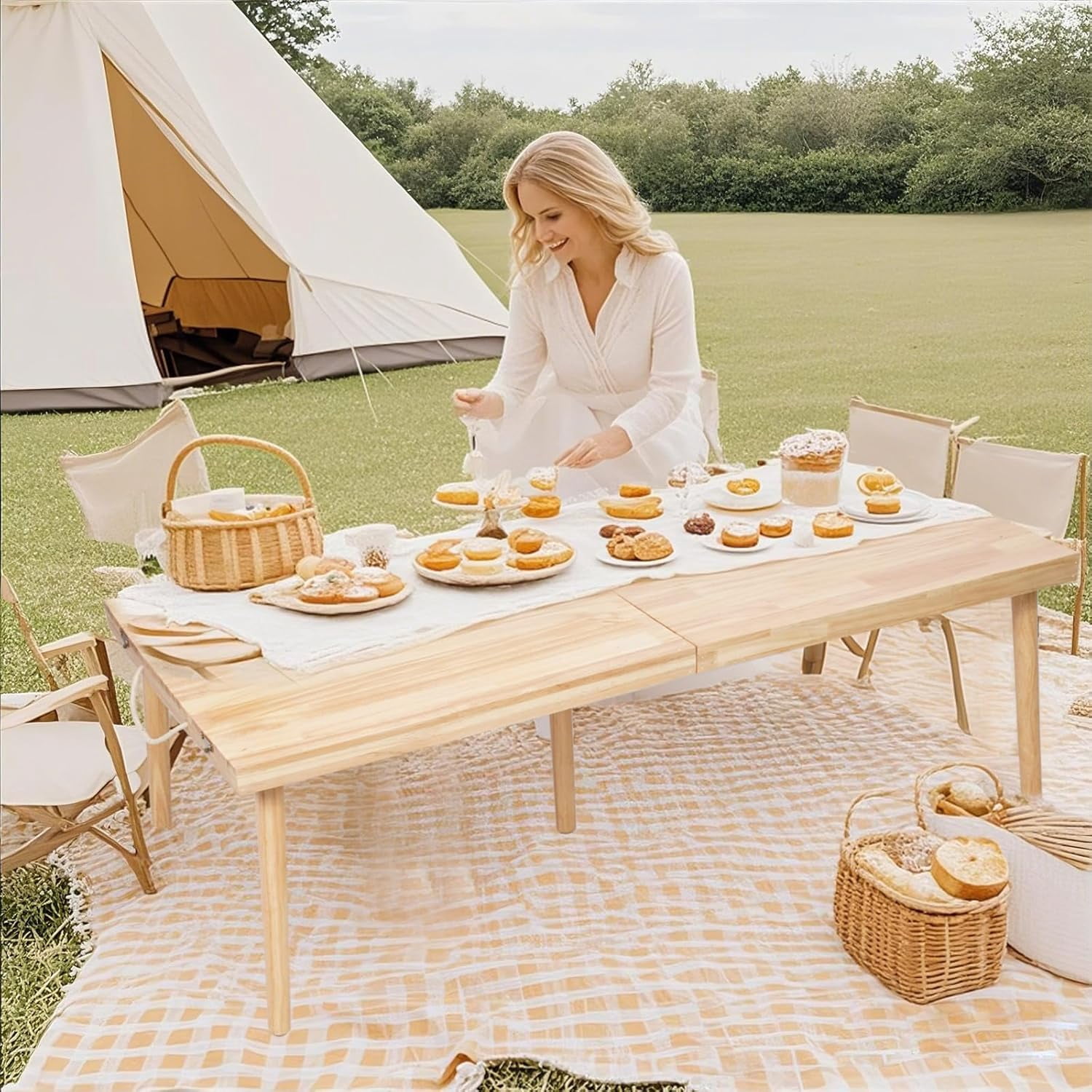 60" x 30" Foldable Boho Low Picnic Table, Solid Wood Beach Table with Adjustable Legs, Portable Indoor & Outdoor Floor Table for Picnic, Camping, BBQ, Wedding, Patio & Family Gatherings