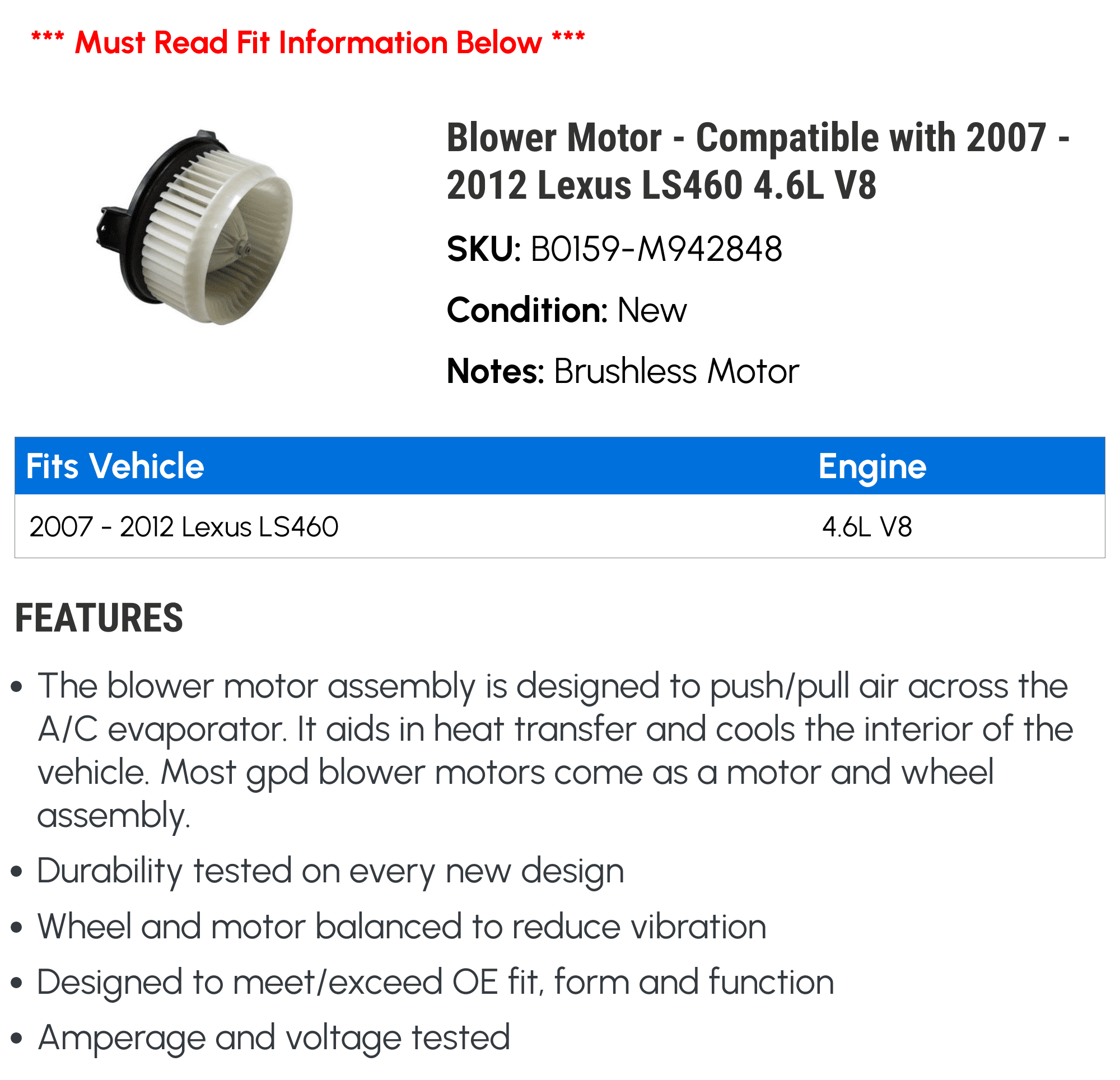 Blower Motor - Compatible with 2007 - 2012 LS460 4.6L V8 2008 2009 2010 2011