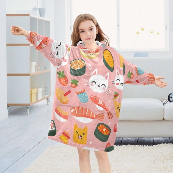 Cat Sushi Oversized Wearable Blanket Hoodie Sweatshirt Flannel for Unisex Girls Boys