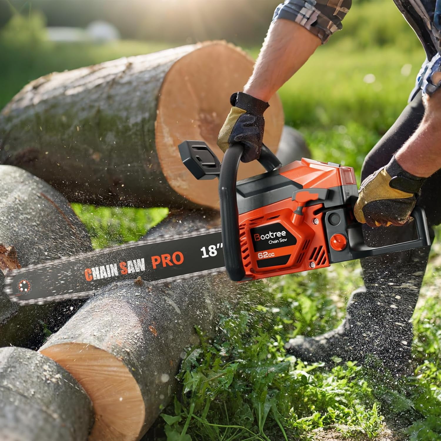 62cc Gas Chainsaw, 18 & 22 Inch Professional Chainsaw with 2-Cycle Engine & Anti-Vibration System, Quick Start Technology for Tree Cutting, Firewood, Logging (62CC 18in+22in)