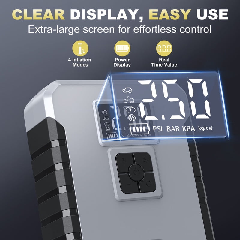 BSMOOM Car Jump Starter with Air Compressor, 12V 6000A Peak Portable Car Battery Jump Starter Jump Box, 150PSI Car Air Pump Tire Inflator Battery Charger with LED Light, LCD Display, Gray