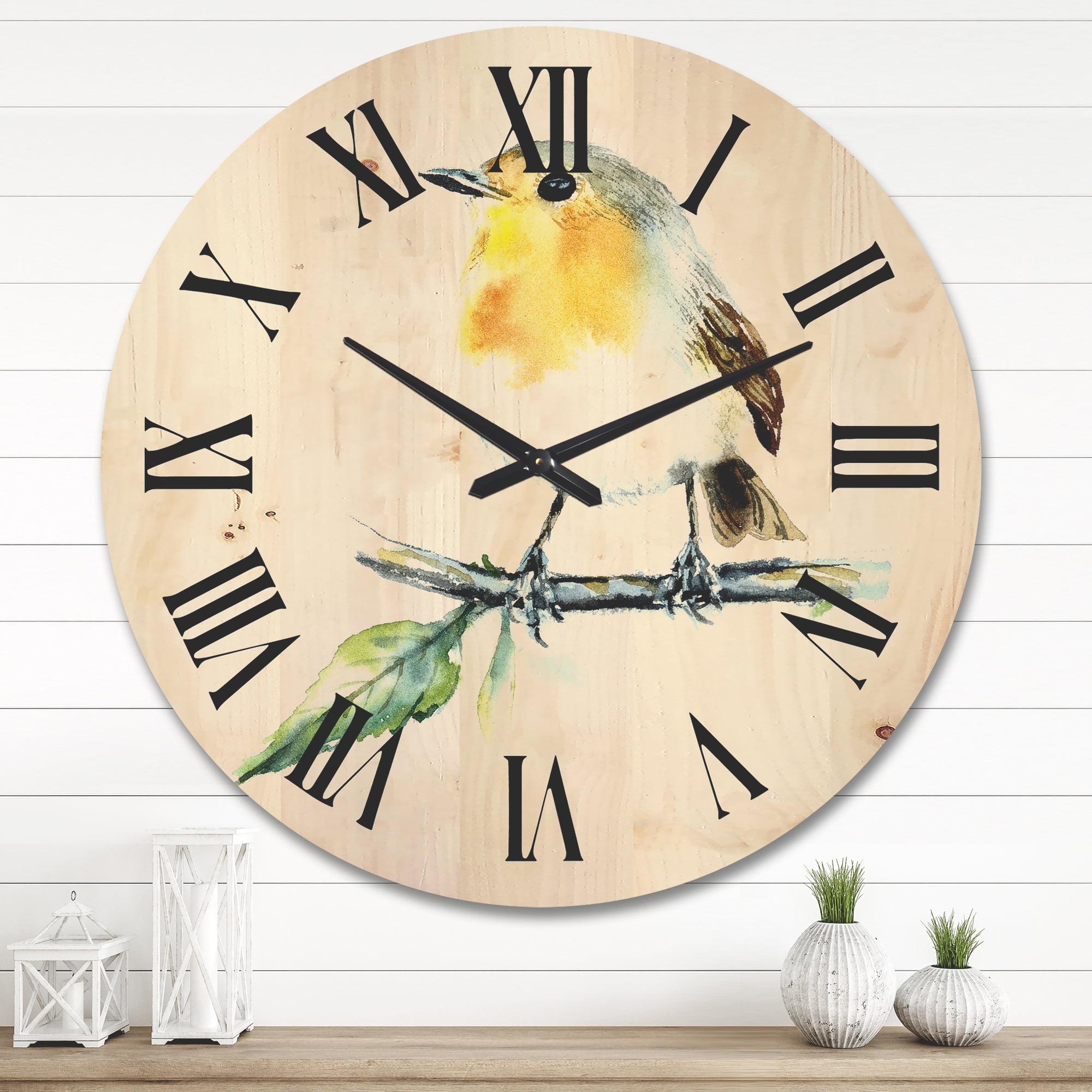 Designart 'Little Robin Bird Sitting On A Branch' Traditional Wood Wall Clock