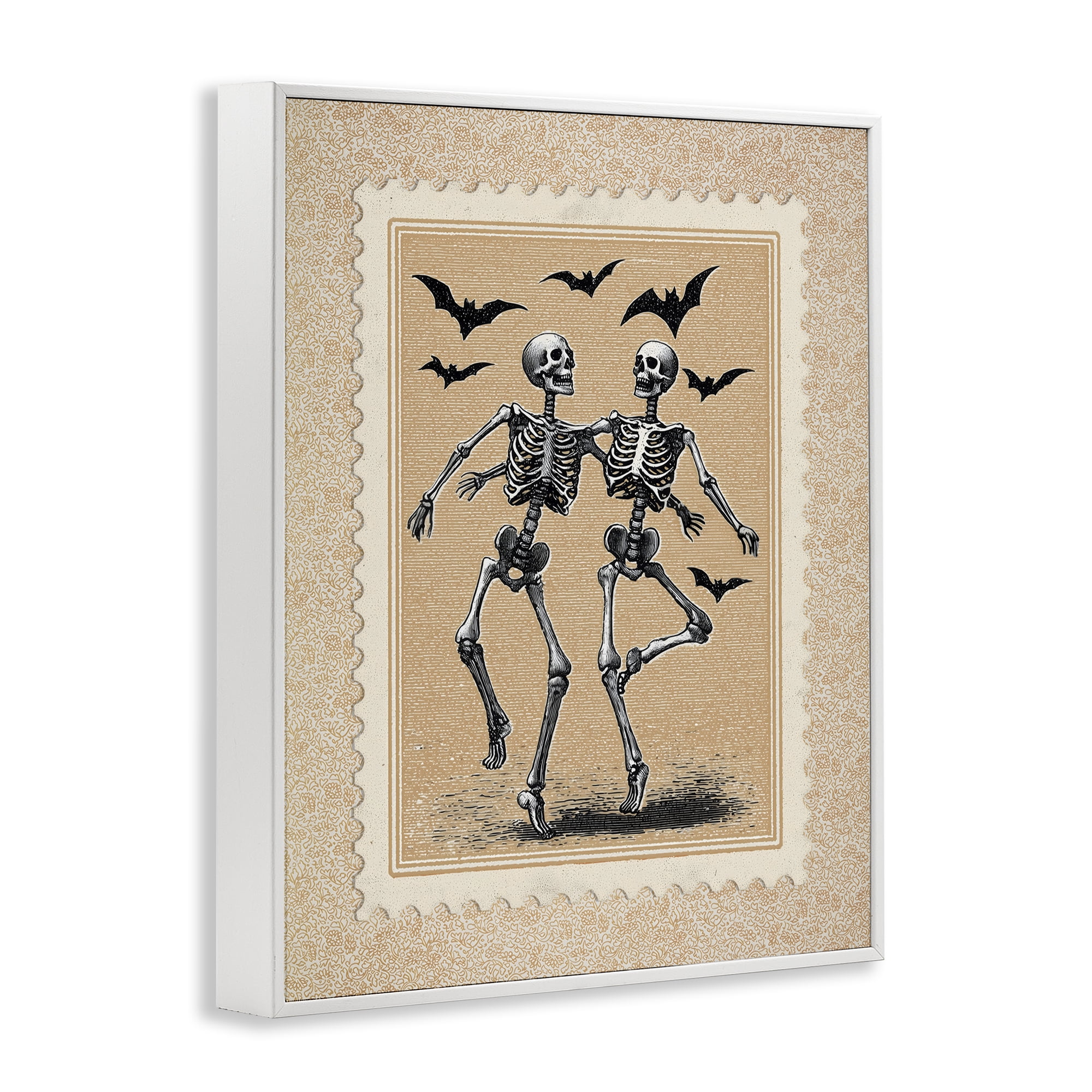 Vintage Dancing Skeletons Stamp White Framed Giclee Art, design by Arlington Prints