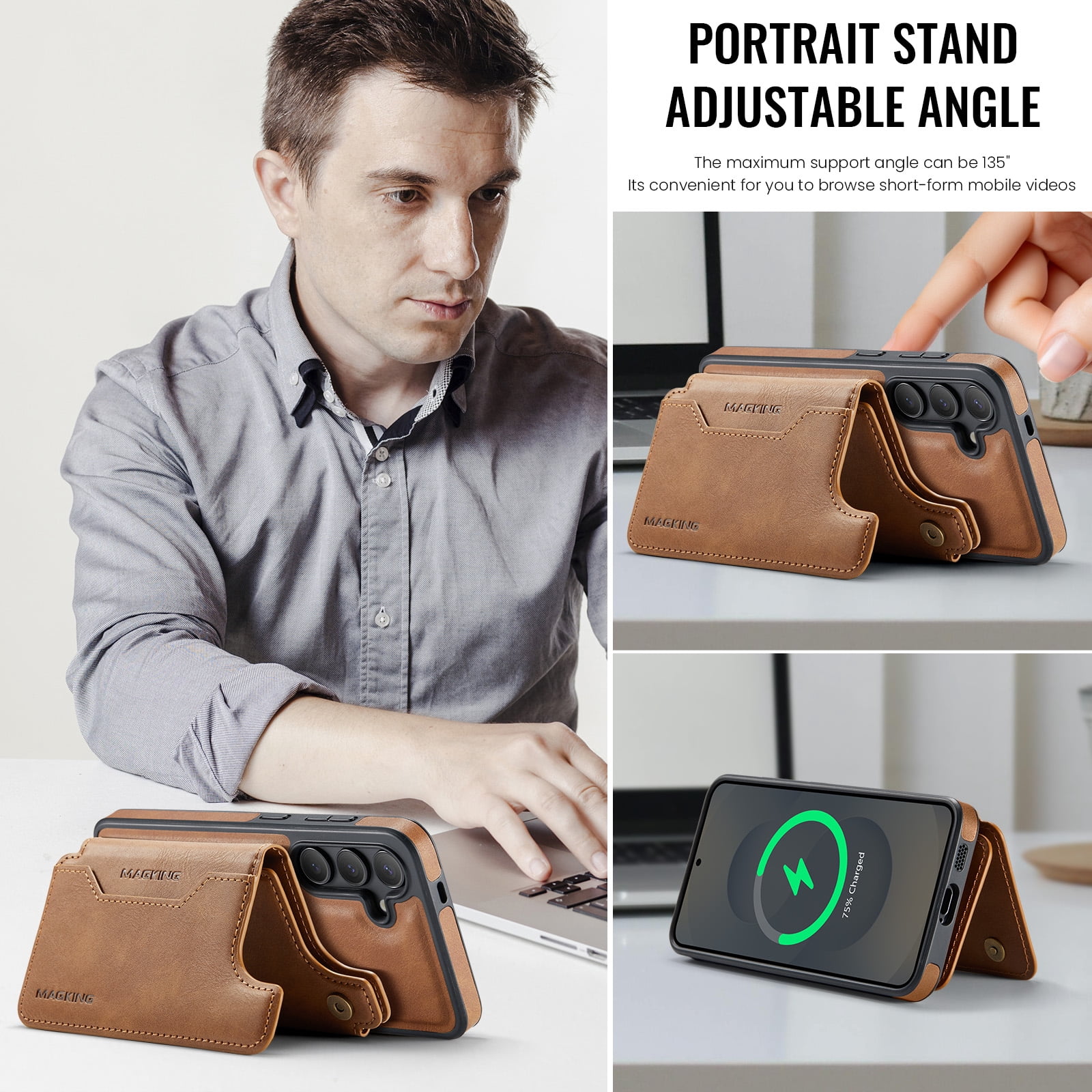 Designed for Samsung Galaxy S25 Wallet Phone Case,Magnetic Detachable Flip Card Holder,Back Flip Kickstand,Compatible with Mag-Safe,2-in-1 PU Leather Heavy Duty Shockproof Phone Case,Brown