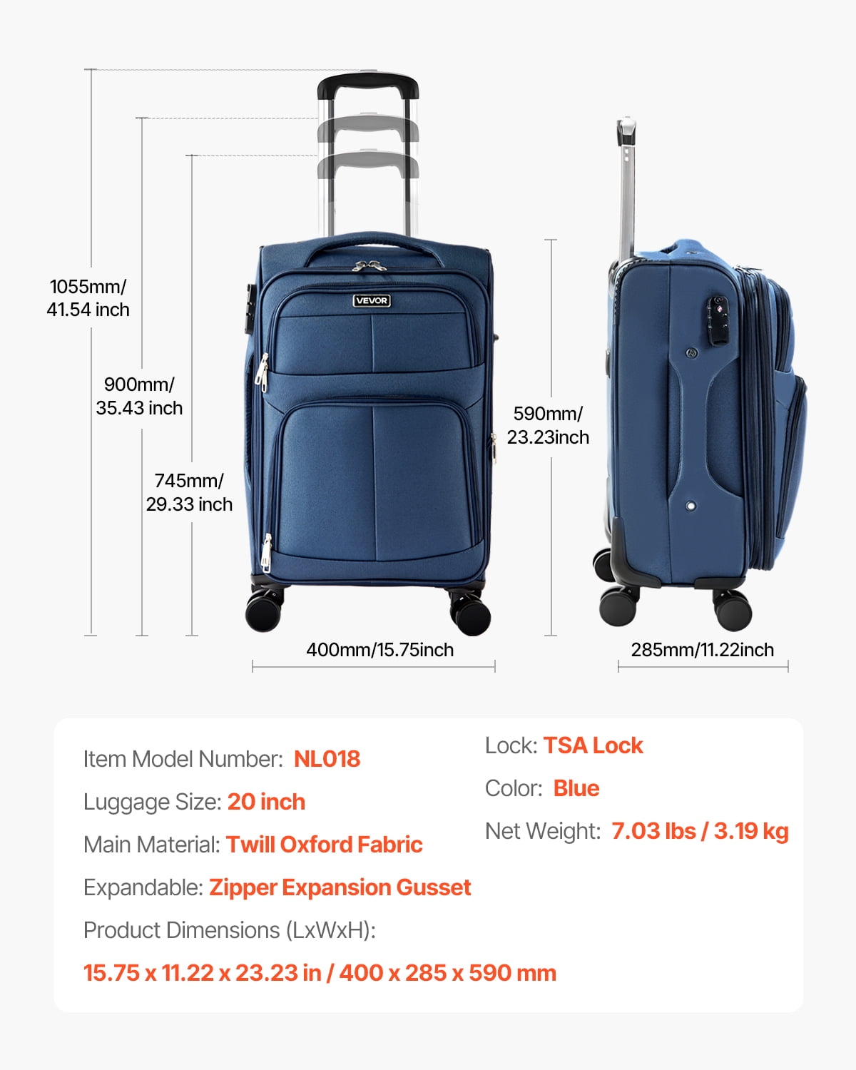 VEVOR Softside Expandable Luggage with Spinner Wheels, 20-Inch Softside Carry on Luggage, Lightweight Checked Suitcase with Expandable Zippered Pocket and TSA Lock, Blue