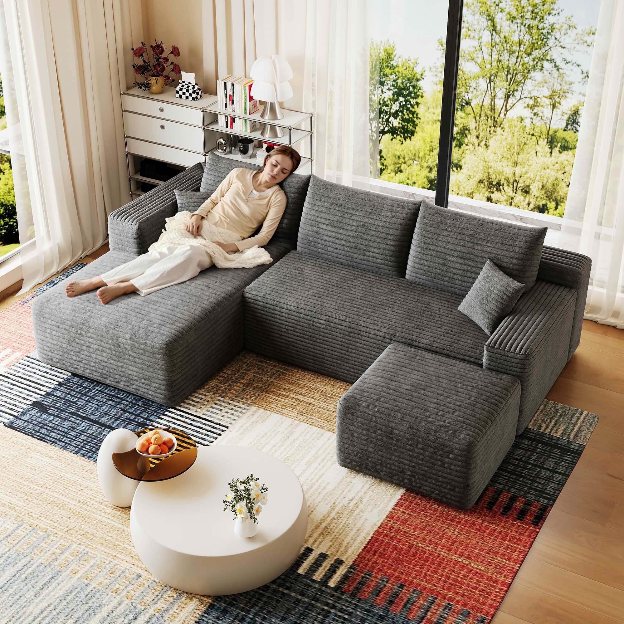 MAYEERTY 95" Corduroy U-Shaped Sectional Sofa with Ottoman, Deep Seat Cloud Couch, No Assembly Leisure Sofa for Home