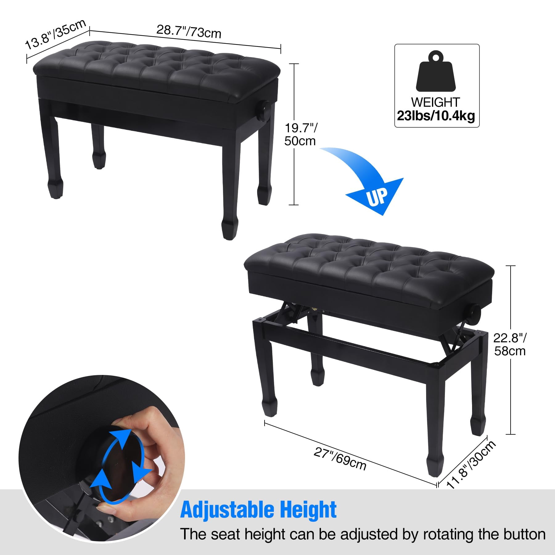 Adjustable Duet Piano Bench With Storage  Heavy Duty Double Benches Leather Cushion Black For Adults 13.8" D X 31.5" W 19.3" H