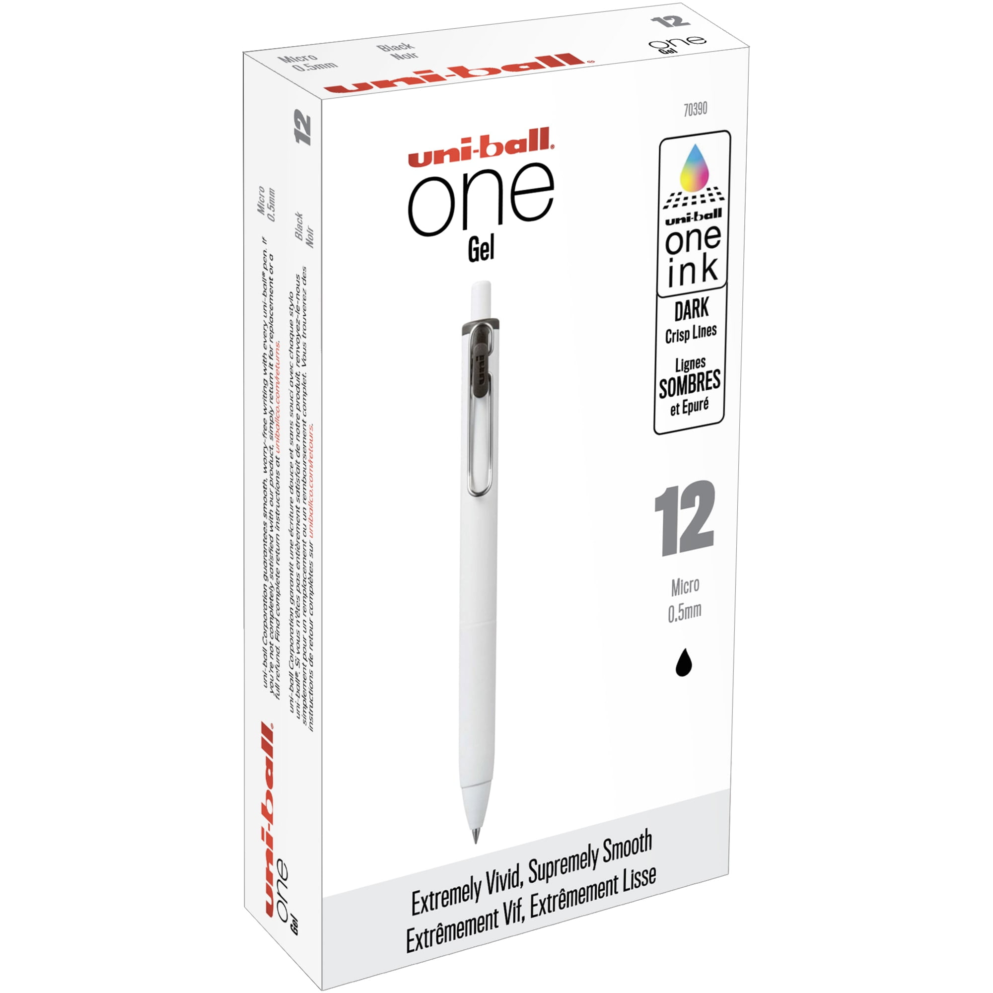 Uni-Ball® One Retractable Gel Pens, Micro Point, 0.5 mm, White Barrel, Black Ink, Pack Of 12 Pens