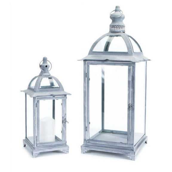 Melrose Set of 2 Pagoda Crest Weathered Iron and Glass Pillar Candle Holder Lanterns 26"