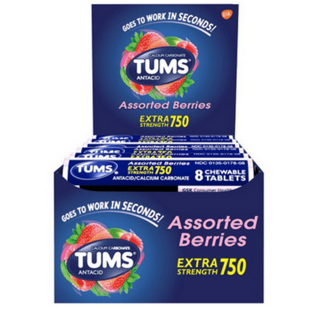 Tums Extra Strength 750 Assorted Berries Antacid Chewable Tablets for Heartburn Relief 8 Chewable Tablets 12 Rolls (1 Pack)