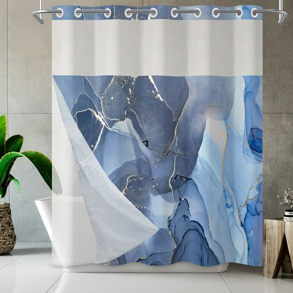 Mizhona Blue Marble Shower Curtain Hookless for Bathroom with Snap in Liner Waterproof Modern Decor 71"X71"