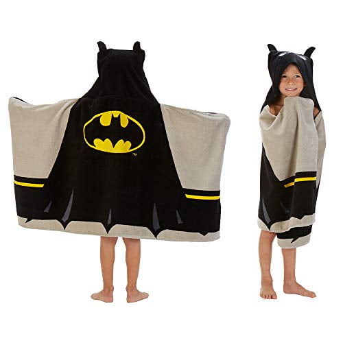 Warner Bros Batman Soft Cotton Terry Bath and Beach Hooded Towel Wrap 24” x 50” Black/Grey