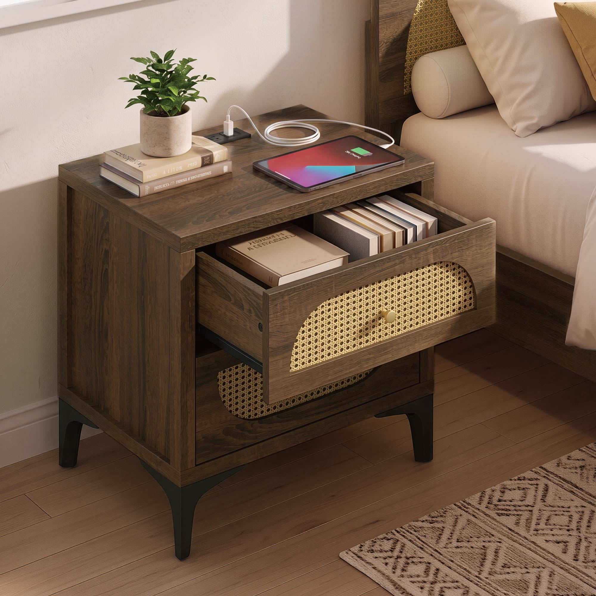 Spruce & Spring Boho Nightstand, 2-Drawer End Table with Charging Station, Rattan Front, Columbia Brown Wood Finish