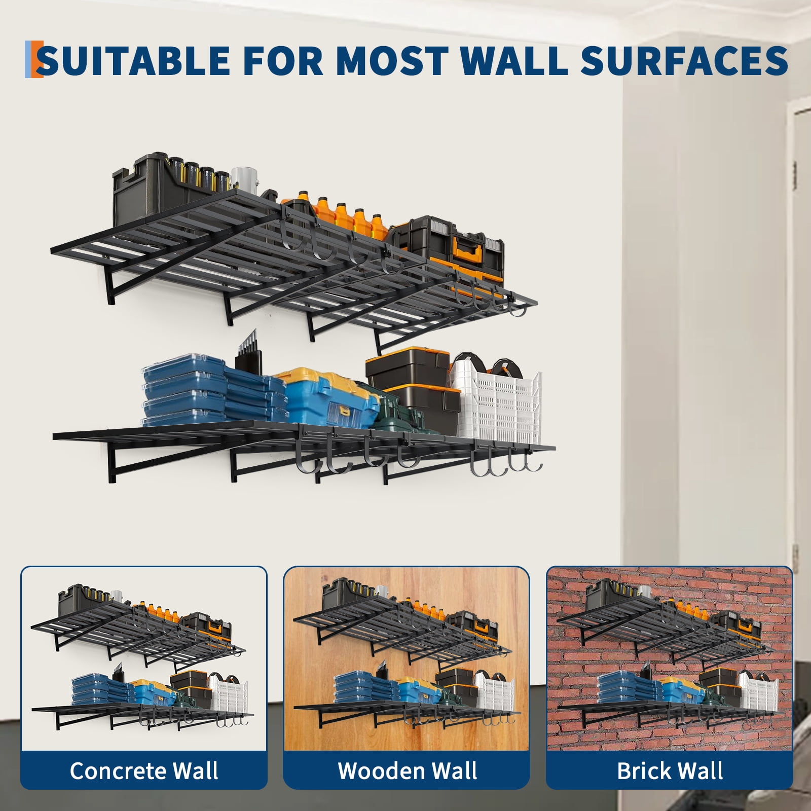 Heavy Duty Garage Wall Shelf, 2 Pack 2x4 ft Metal Floating Shelves with 8 Hooks – 200lbs Each – Wall Mounted Storage Organizer for Garage, Shop, Laundry Room, Office