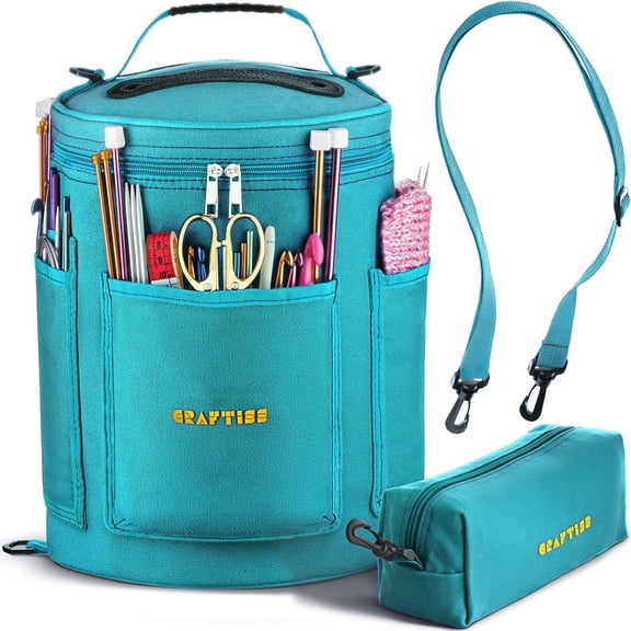 Craftiss Yarn Storage Bag - Turquoise Tote Yarn Bag, Durable Knitting and Crochet Organizer with Needle Case