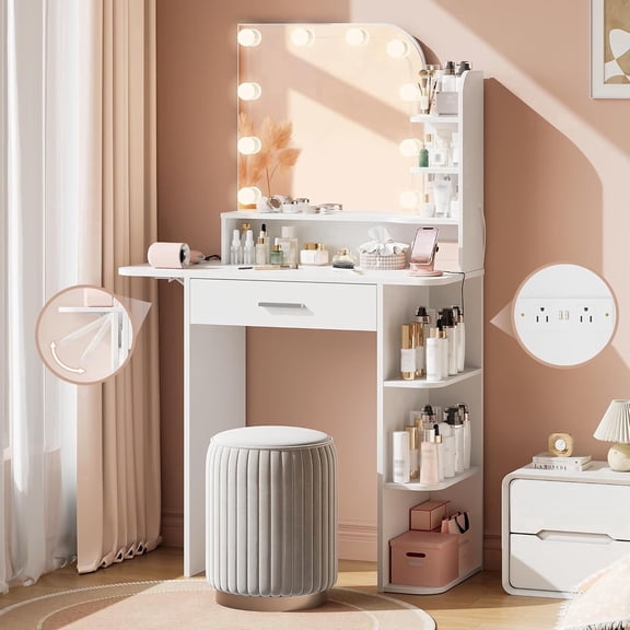 Pipleo Makeup Vanity Desk with Mirror and Lights, Power Outlet, 34.25”Small Vanity Mirror with Lights with Large Drawer, Foldable Shelve&6 Storage, White Vanity with 3 Lighting Modes