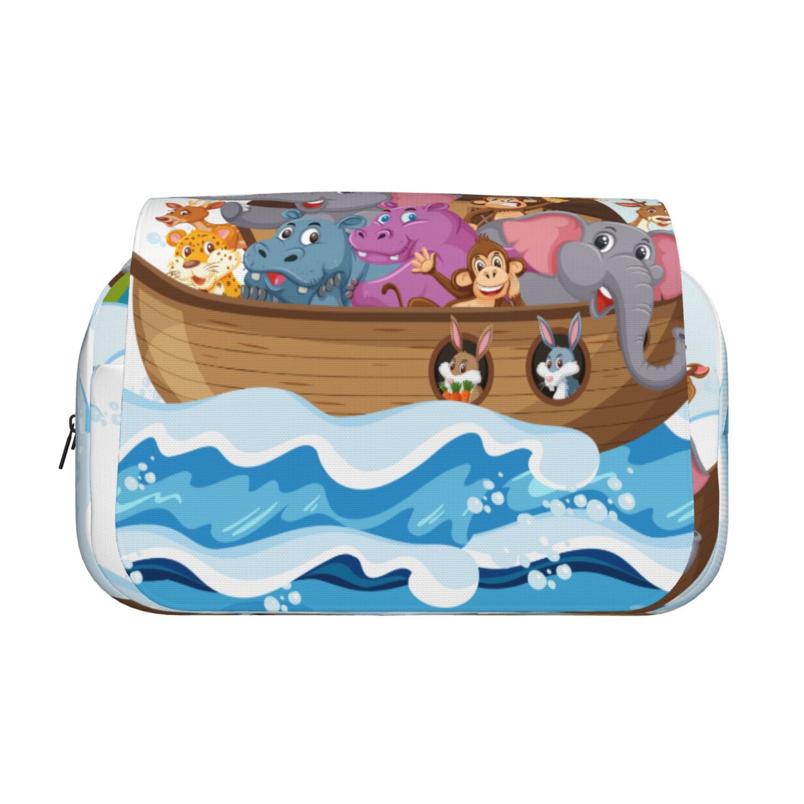 Rateoe Rainbow Animals on Noah's Ark Pattern Double Clamshell Pen Case, Storage Organizer with Two Zipper Compartments– Holds Up to 50 Pencils & Pens