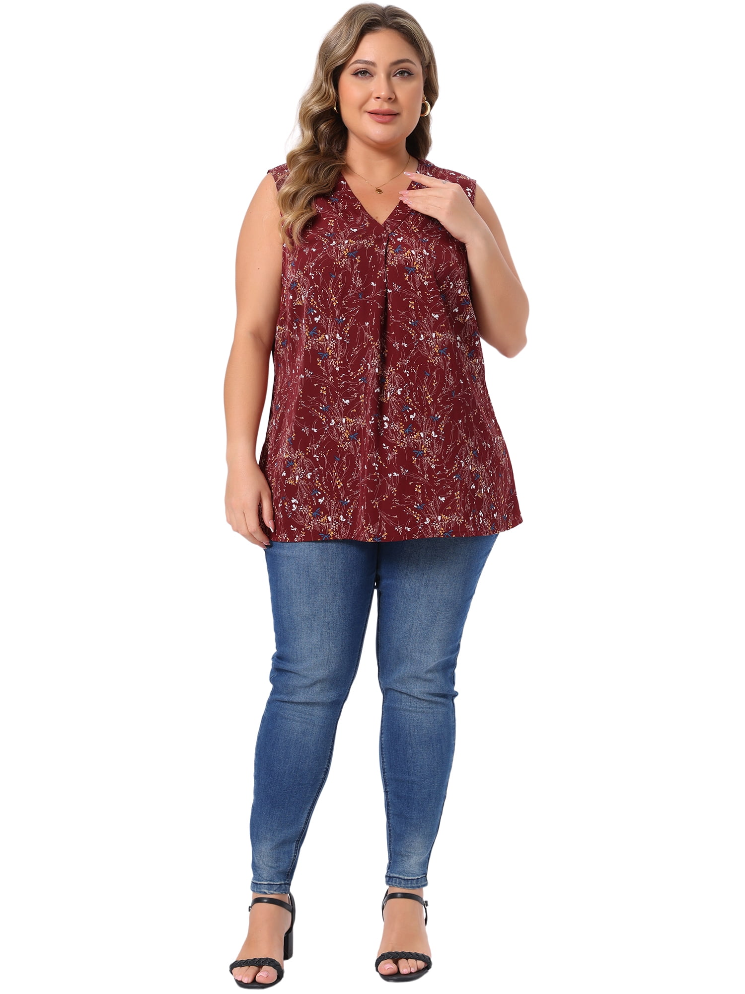 DARING DIVA Women's Stylish Plus Size Floral Sleeveless Tank Tops 4X Dark Red