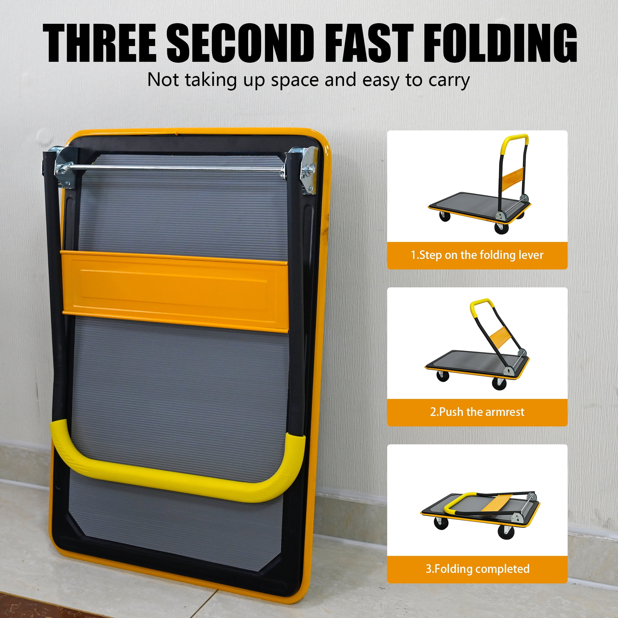 660lbs Heavy‑Duty Foldable Flatbed Platform Hand Truck, 360° Swivel Silent PU Wheel Push Dolly Cart for Warehouse Garage Home Loading & Storage