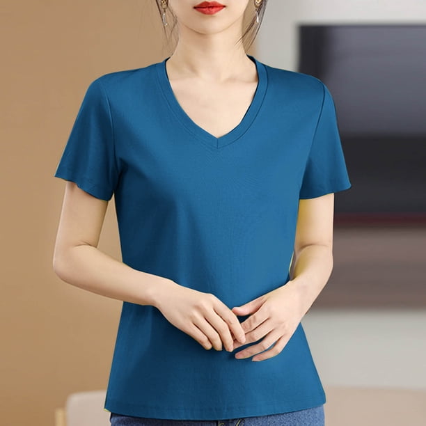 mfyjkho Tops De Gimnasio Para Mujer, Blusas Y Camisas De Cuello En V De Manga Corta De Punto De Color Liso Para Mujer Tops Y Blusas Para Mujer L