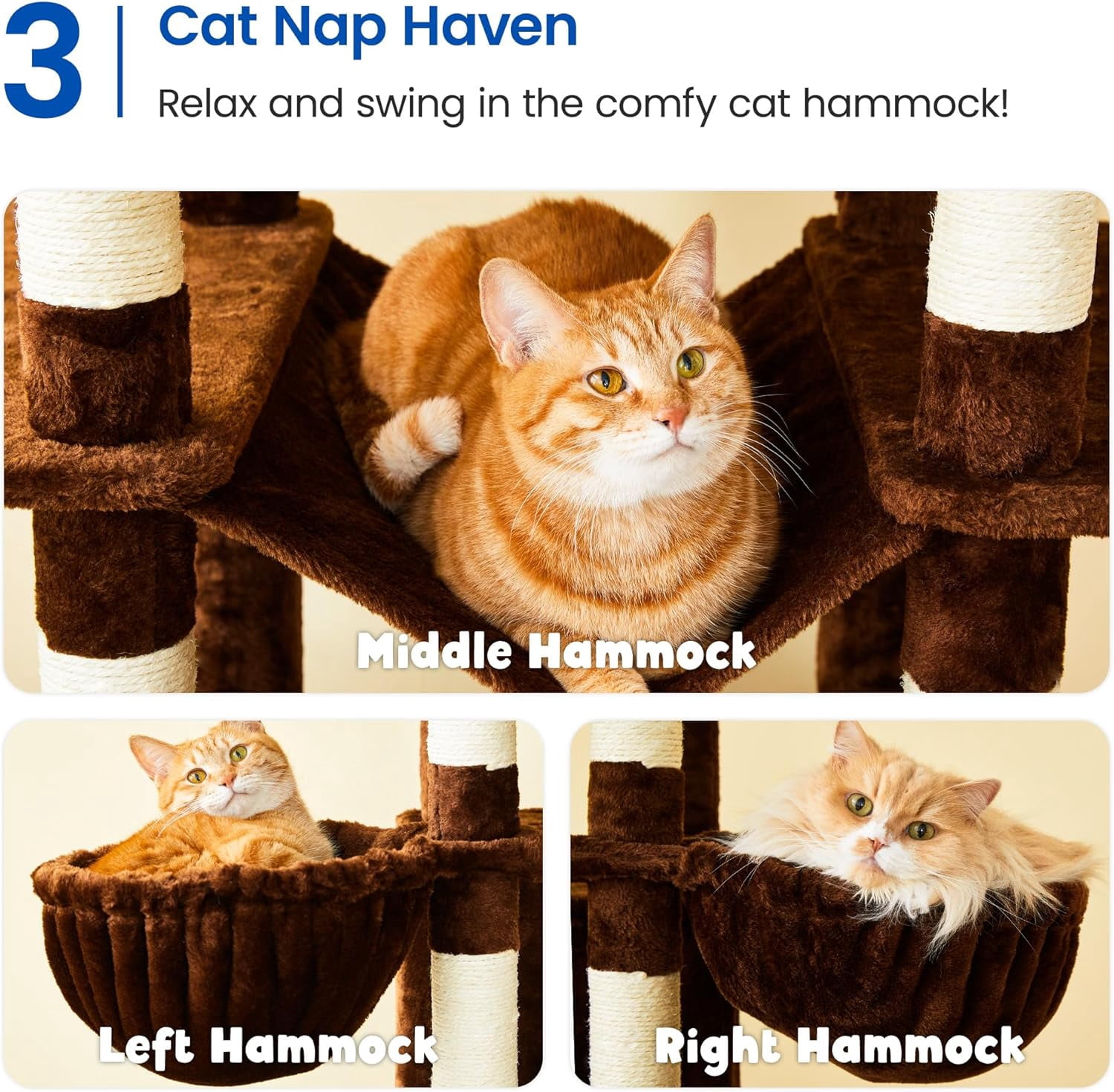 WSWJY Large Cat Tree, 67.7-Inch Tall Cat Tower for Indoor Cats with 2 Large Condos, Multi-Level Cat Stand for Large Cat with 3 Hammocks, Wide Perch, Scratching Posts, Dangling Toys, Brown