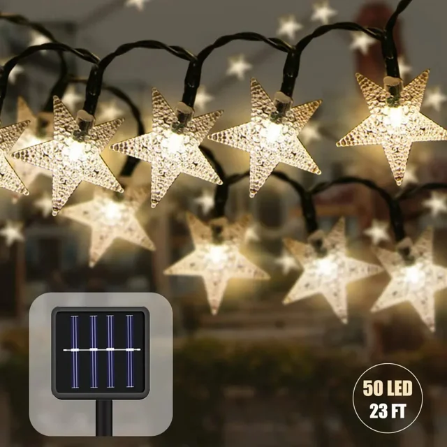 Luces solares de hadas para exteriores, 23 pies, 50 LED, impermeables, luces de hadas solares, decoración de jardín con forma de estrella, boda, balcón, patio, decoración navideña para