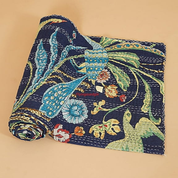 Indian Handmade Peacock Print Hippie Large Cotton Kantha Bedspread Indian Quilts Queen Gudri Bohemian Bedding Blanket Throw