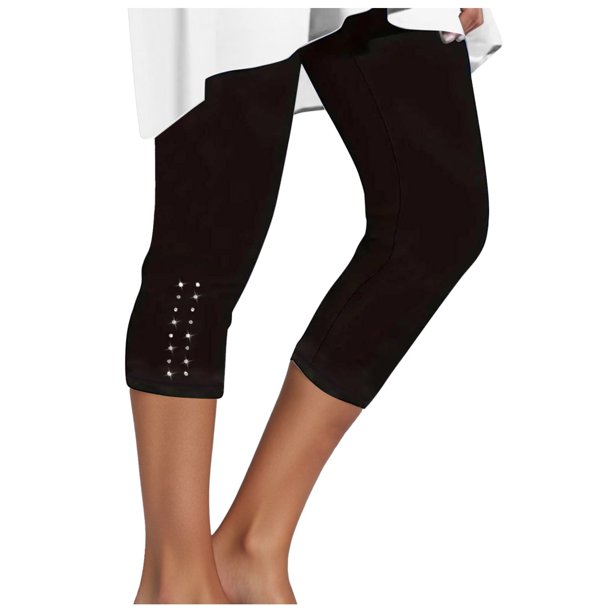 Leggings capri para mujer - Pantalones de compresión para yoga de cintura alta con pedrería para verano