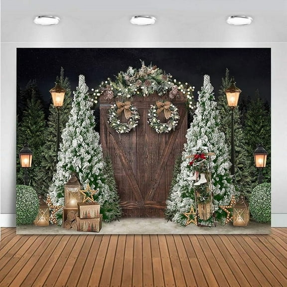 7x5ft Christmas Photography Backdrop Winter Rustic Wood Door Background With Xmas Tree, Gifts, Family Decoration Banner