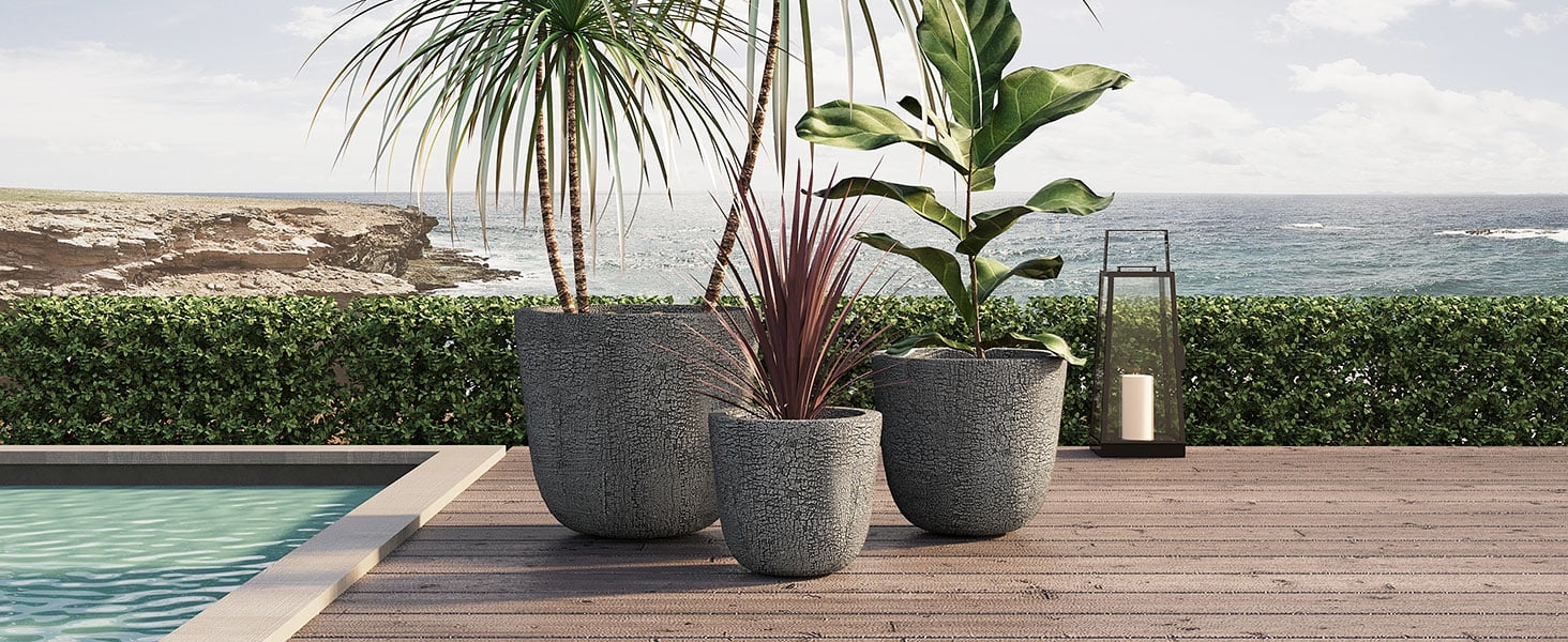 Mintazer Modern Planter Set of 3, 16.93"+13.78"+11.02" Round Stackable Flower Pots with Drainage Holes and Rubber Plug, Crackle Stone Texture Decorative Plant Pots for Indoor & Outdoor, Gray